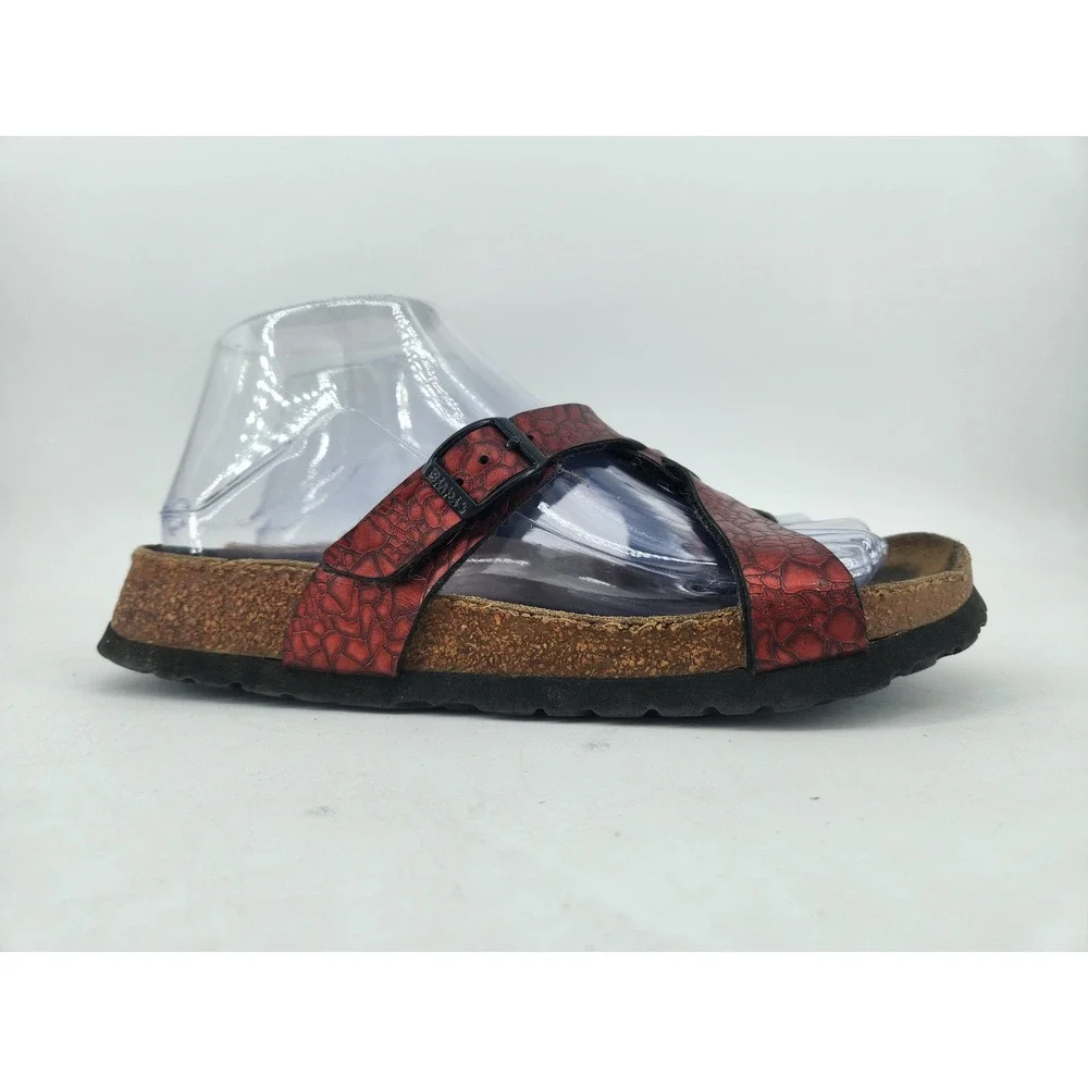 Birkenstock‎ Birki's Sylt Sandals Womens 37/US 6 Red Metallic Cross Strap Cork